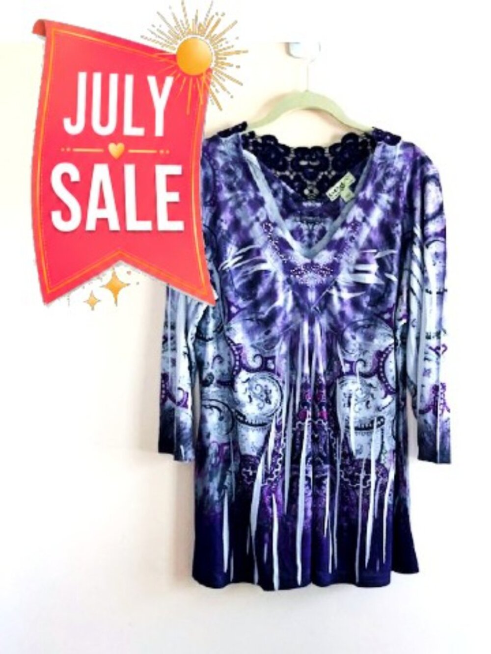 Energé by One World Purple Tie Dye Lace Back Boho Top XL Festival Blouse